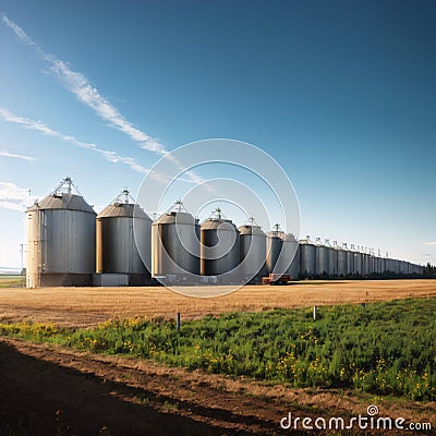 two steel grain silos standing next to a divided highway along a harvest field a... Stock Photo