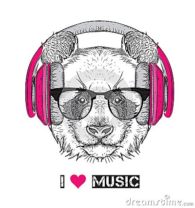 The image of the panda in the glasses, headphones and in hip-hop hat. Vector illustration. Vector Illustration