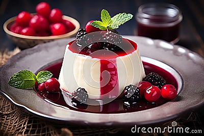 Panna cotta with berry compote tasty dessert background Stock Photo
