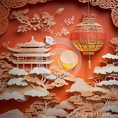 image of paper cut artwork, Chinese Lunar New Year festival illuminate. Stock Photo