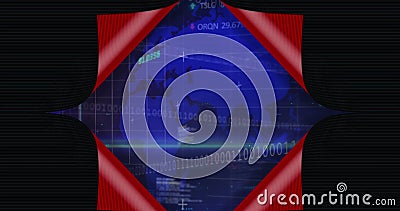 Image of paper opening over map, binary codes, programming language on abstract background Stock Photo