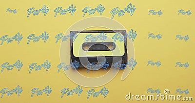 Image of party texts over tape on yellow background Stock Photo