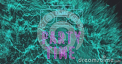 Image of party time and radio over green waves on black background Stock Photo