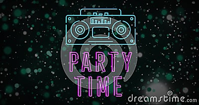 Image of party time text over spots and radio Stock Photo