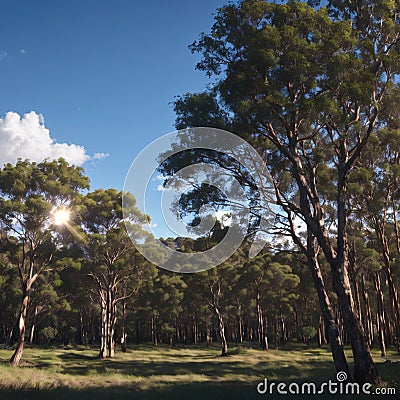 Peeling bark and foliage of eucalyptus tree towering high against blue sky. made with Generative AI Stock Photo