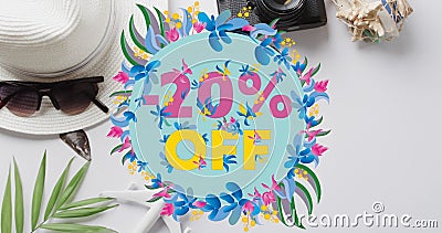 Image of 20 percents off text and flowers over memorabilia Stock Photo