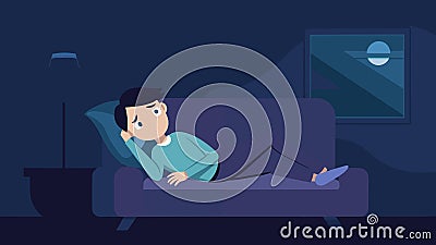 In the before image a person is shown lying on a couch eyes closed deep in thought. The room is dark and gloomy and the Vector Illustration