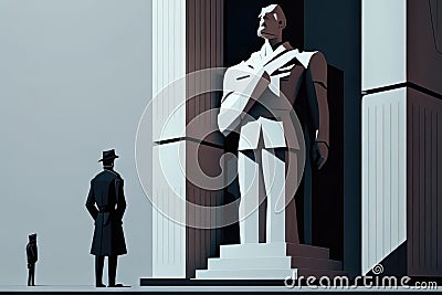An image of a person standing in front of a towering figure in a uniform conveying the overwhelming feeling of authority Stock Photo