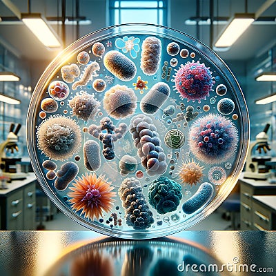 A petri dish containing a variety of colorful, stylized microbe structures, Cartoon Illustration