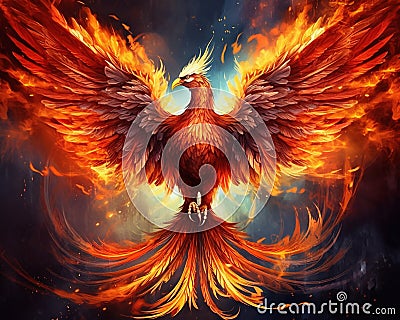 The Phoenix Fantastic Bird has bright colors of the feathers and a majestic look. Cartoon Illustration