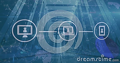 Image of phone, laptop, computer icons forming flowchart and connected dots over server room Stock Photo