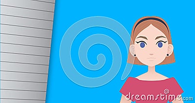 Image of pictogram of woman in pink dress with copy space on blue and ruled paper background Stock Photo