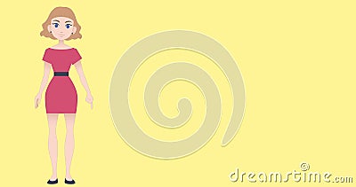 Image of pictogram of woman in pink dress with copy space on yellow background Stock Photo
