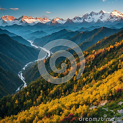 a poetic landscape panorama of rocky mountains, dangerous cliff and valleys, a h... Stock Photo