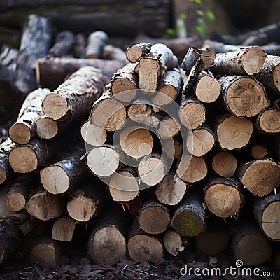 Image Pile of wood logs, trunks prepared for winter warmth Stock Photo