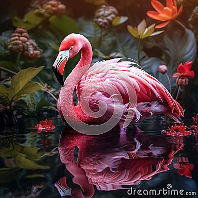 Image of a pink flamingo In the swamp and beautiful flowers. Birds. Wildlife Animals Stock Photo