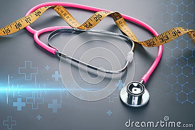 Image of pink stethoscope, measurement tape and heartbeat pulse. medical and healthcare diagnostic concept. Healthy lifestyle and Stock Photo