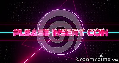Image of please insert coin text over neon pattern background Stock Photo