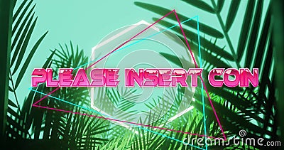 Image of please insert coin text over neon pattern background Stock Photo
