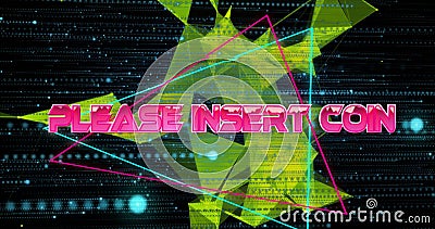 Image of please insert coin text over neon pattern background Stock Photo