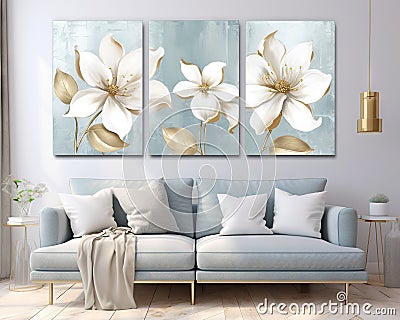 The flowers have gold highlights in the style of light gray and light goldd rawing. Cartoon Illustration