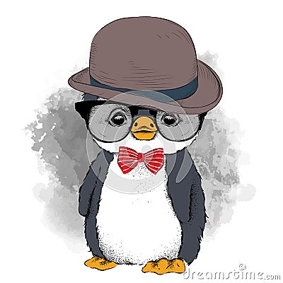 Image Portrait of cartoon penguin in a hat, cravat and glasses. Vector illustration. Vector Illustration