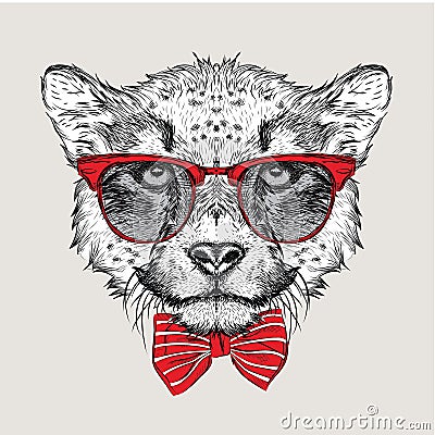 Image Portrait cheetah in the cravat and with glasses. Vector illustration. Vector Illustration