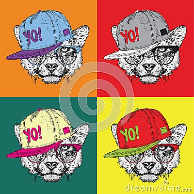 Image Portrait of cheetah in the glasses and in hip-hop hat. Pop art style vector illustration. Vector Illustration