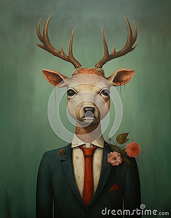 Image of portrait of a deer businessman wearing a suit. Animals. Illustration, Generative AI Stock Photo