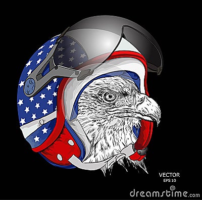 Image Portrait eagle in American motorcycle helmet. Vector illustration. Vector Illustration