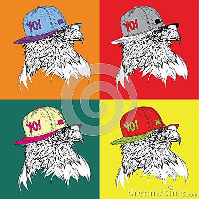 Image Portrait of eagle in a baseball cap with glasses. Vector Illustration