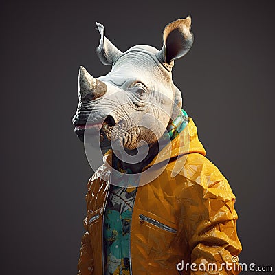 Image of portrait of a rhinoceros hip hop outfit costume., Fashion. Wildlife Animals Stock Photo