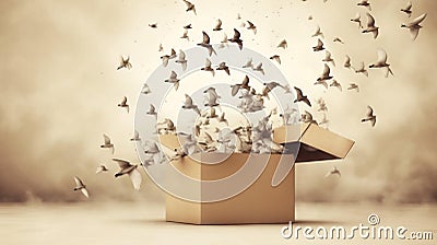 Birds flying out of cardboard box Stock Photo