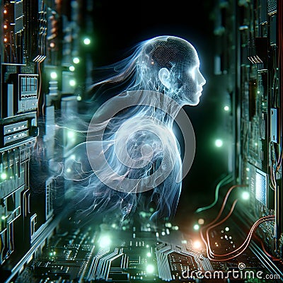 Synthesis of Human Consciousness with Cybernetic Technology in Ethereal Form Stock Photo