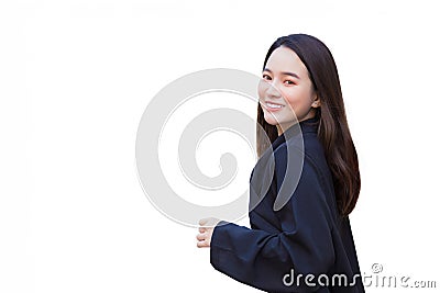 This image portrays confident professional Asian woman wearing blue blazer. She appears mature and business oriented while Stock Photo