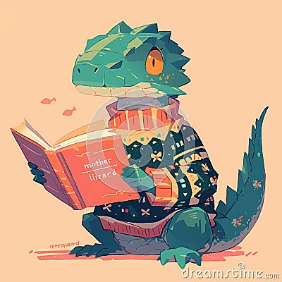 Curious Lizard Reading Book Cartoon Illustration