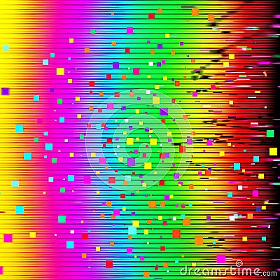 A digital glitch effect with fragmented colorful pixels scattered across the screen Stock Photo