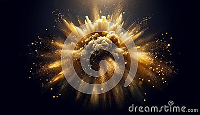 This image portrays a dramatic golden explosion with sparkling particles and a dynamic burst. Stock Photo