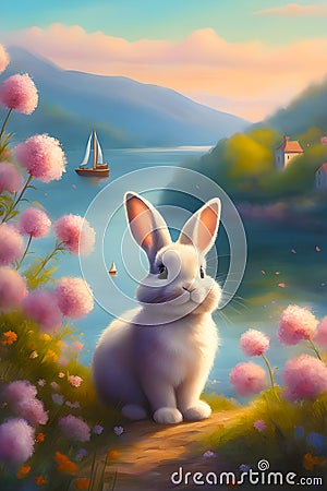 fluffy bunny sits with-flowers by a boat generated by ai Stock Photo