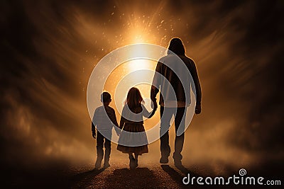 parent and children silhouette walking towards the light. light in the end of the tunnel. hope concept. Stock Photo