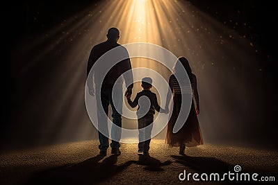 a family silhouette walking towards the light of god. rear view, holding hands. Stock Photo