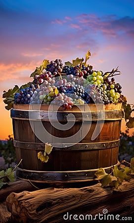 Clusters of Ripe Grapes. wine barrel. vibrant sunset. Stock Photo