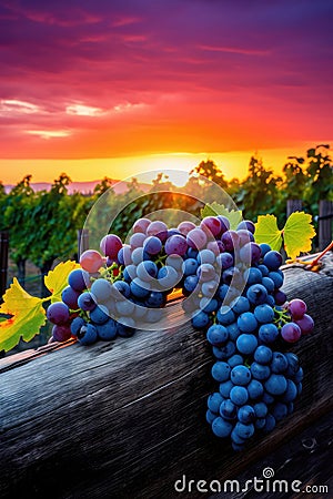 Grape Clusters Close-Up. rustic wood. vibrant sunset. Stock Photo