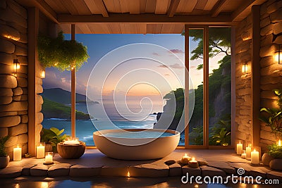 image portrays a stone bathroom balcony, with a luxurious tub Stock Photo