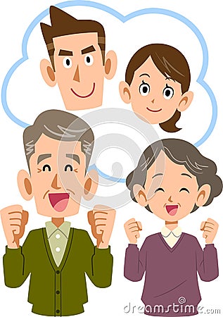 A positive senior couple thinking of a young couple Vector Illustration