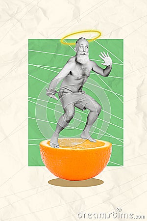 Image poster collage of funky crazy guy balancing on half part juicy orange fruit isolated on drawing element background Stock Photo