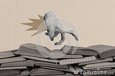 Image poster collage of human arm finger open books textbooks lesson homework isolated on creative background Stock Photo