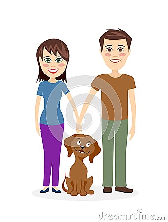 Cheerful couple with dog illustration. Vector Illustration