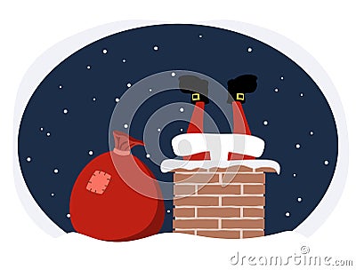 Santa Claus climbs into the tube with gifts Vector Illustration