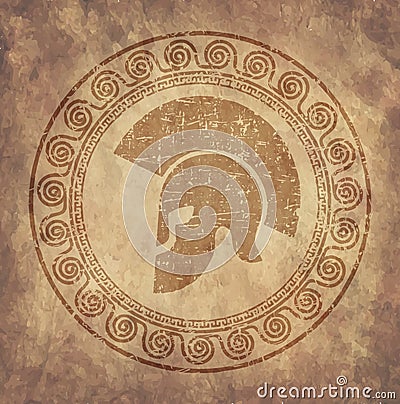 Spartan helmet an icon on old paper in style grunge, is issued in antique Greek style. Vector Illustration